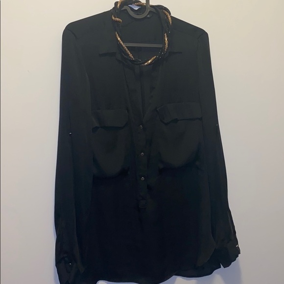 Zara black double pocket loose satin shirt  blouse - Picture 2 of 12